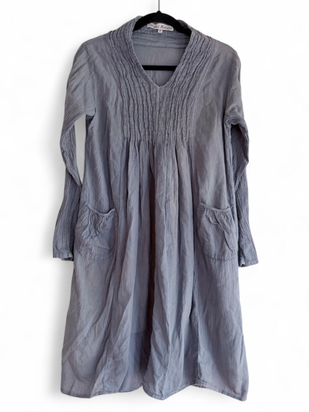 JP And Mattie 100% Cotton Gray Blue V Neck Boho Peasant Dress Size S
